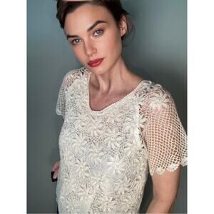 Vintage Lace & Silk Blend Floral Crochet Top Sheer Cottagecore Pastoral Sz M